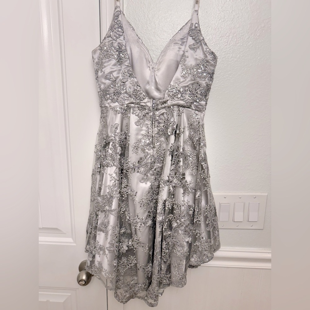 Short silver sexy dress.